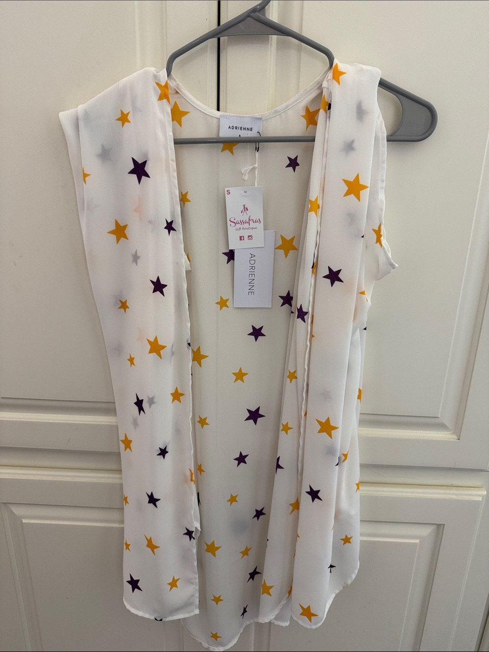 Adrienne White Sleeveless top with Yellow and Purple Stars